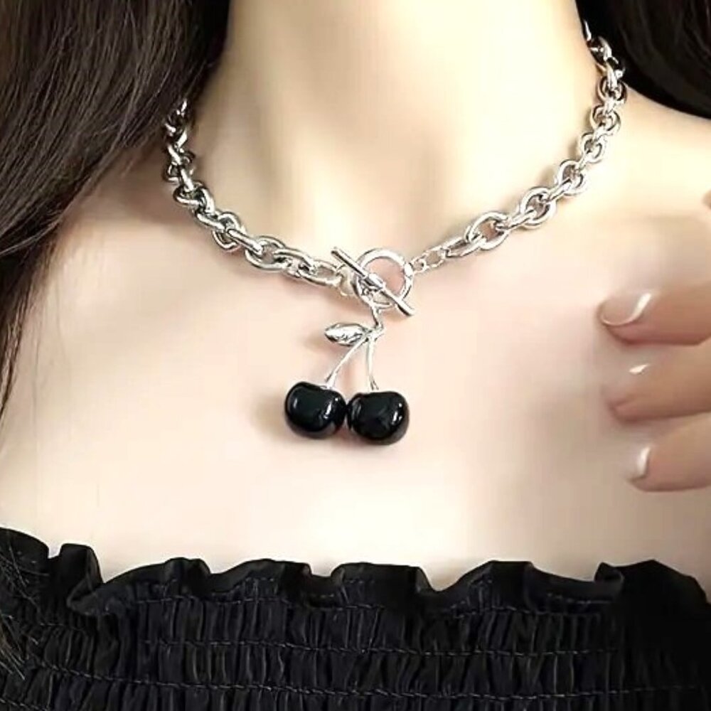 Black Cherry Necklace 3D Cherries Chunky Pendant Silver Sexy Rave Emo Trendy Fun